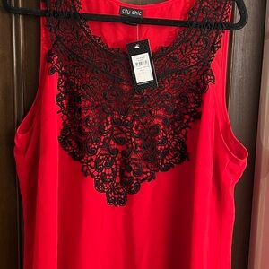 City Chic Vibrant Red Top with Black Lace Overlay